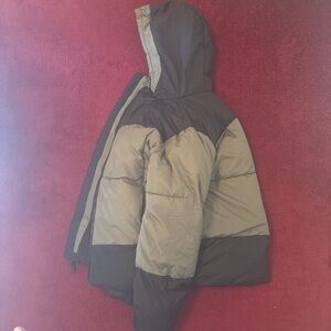 Kids Two-Tone Olive & Dark Brown Puffer Jacket with Hood